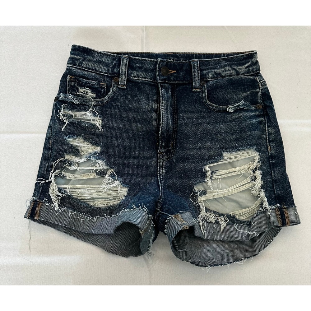 American Eagle High Waisted Distressed Denim Shorts Dark Wash Stretch Size 4